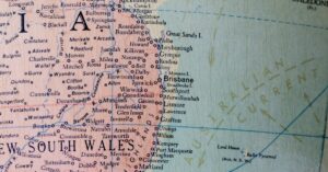 Close-up view of a detailed map highlighting eastern Australia with major cities and coastal information.